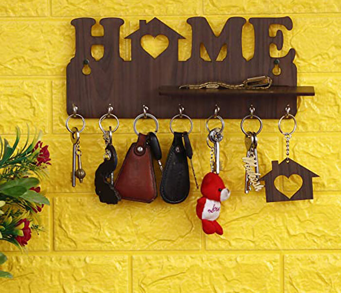 Home Keys Wooden Key Holder with 7 Hooks, Free Keychain - 4