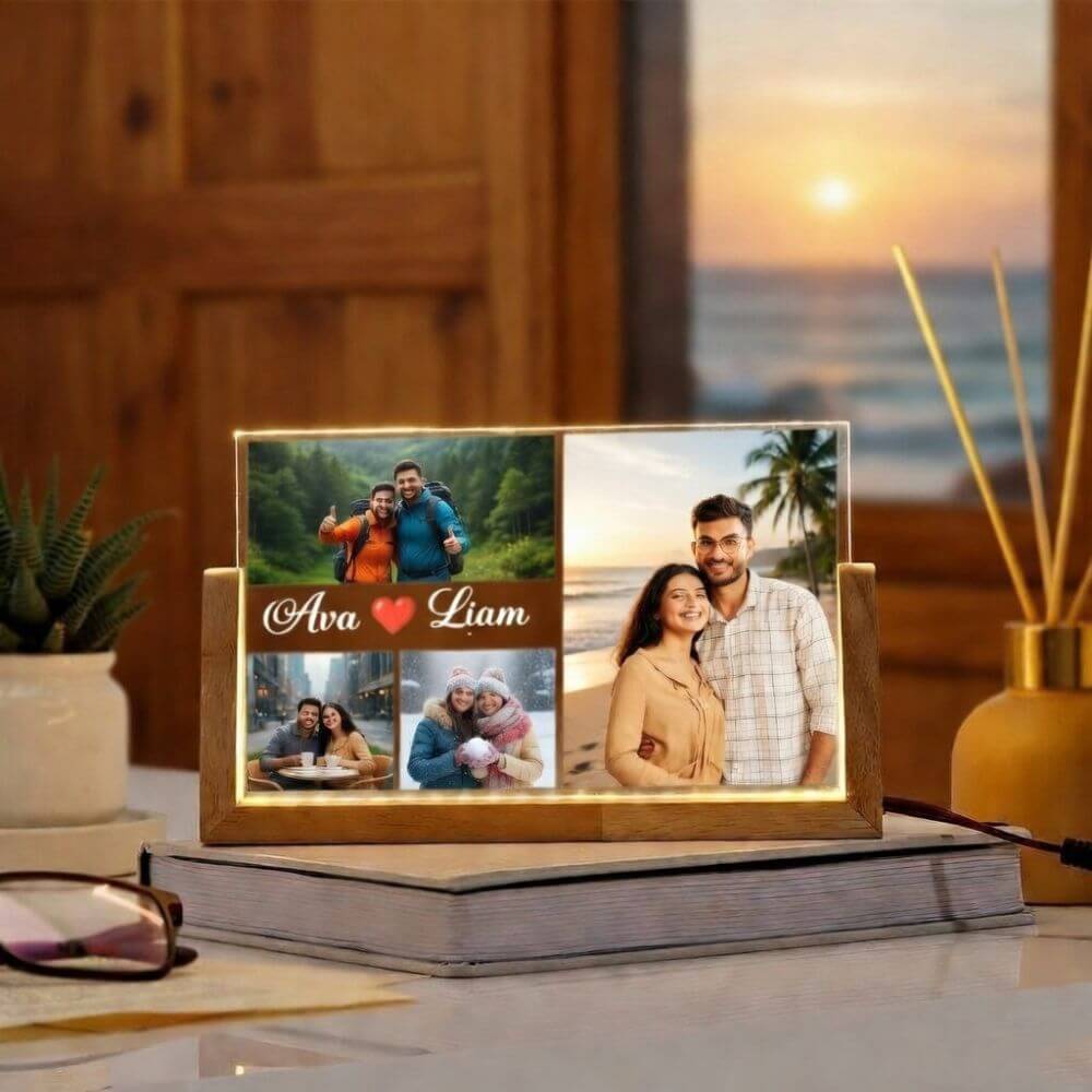 Personalized Anniversary Photo LED Lamp with Wooden Base - 2