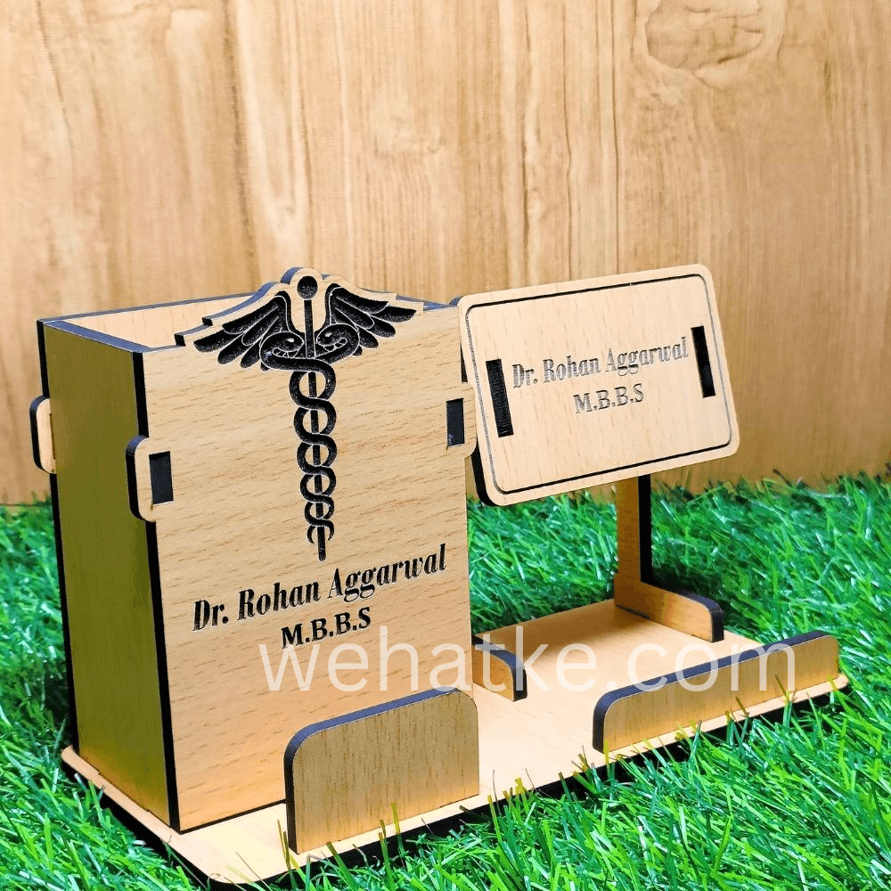 Corporate Wooden Desk Set for Doctors – Pen Stand, Phone & Card Holder - 3