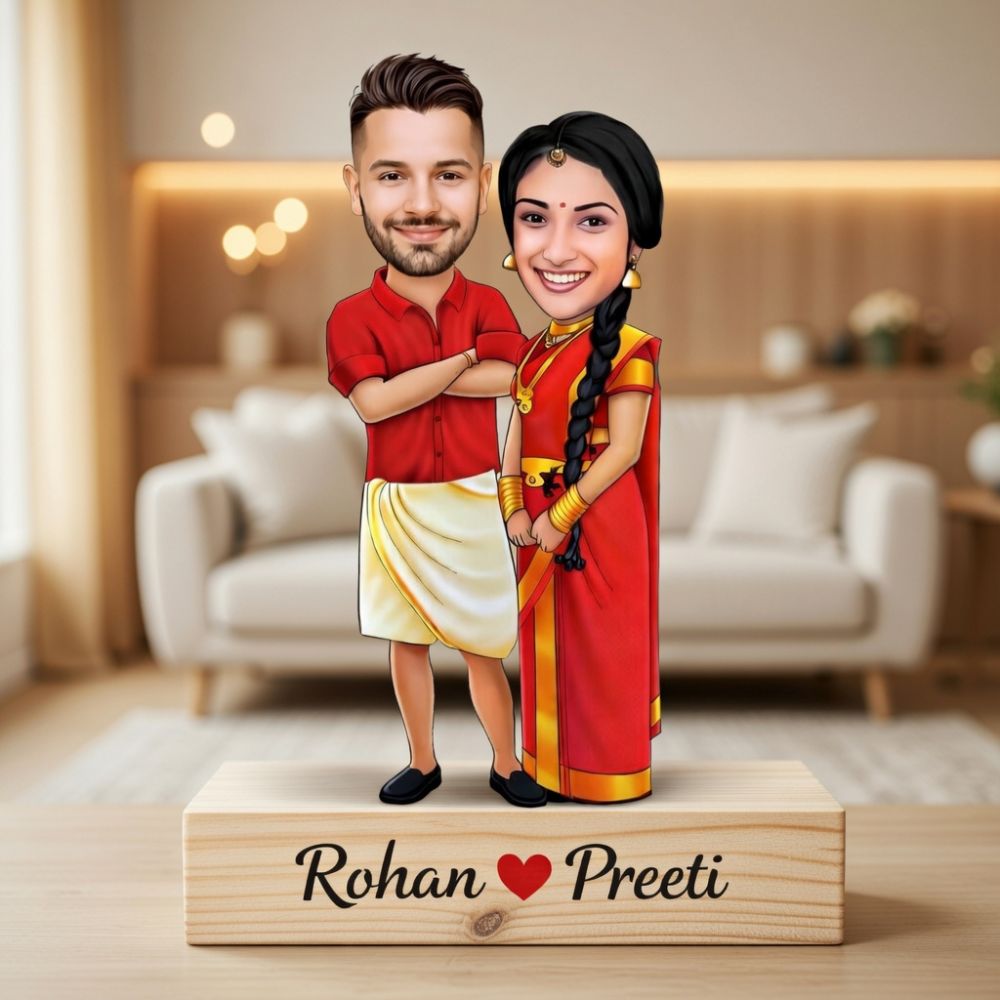 Customized south Indian traditionally dhoti sari style couple caricature - 4