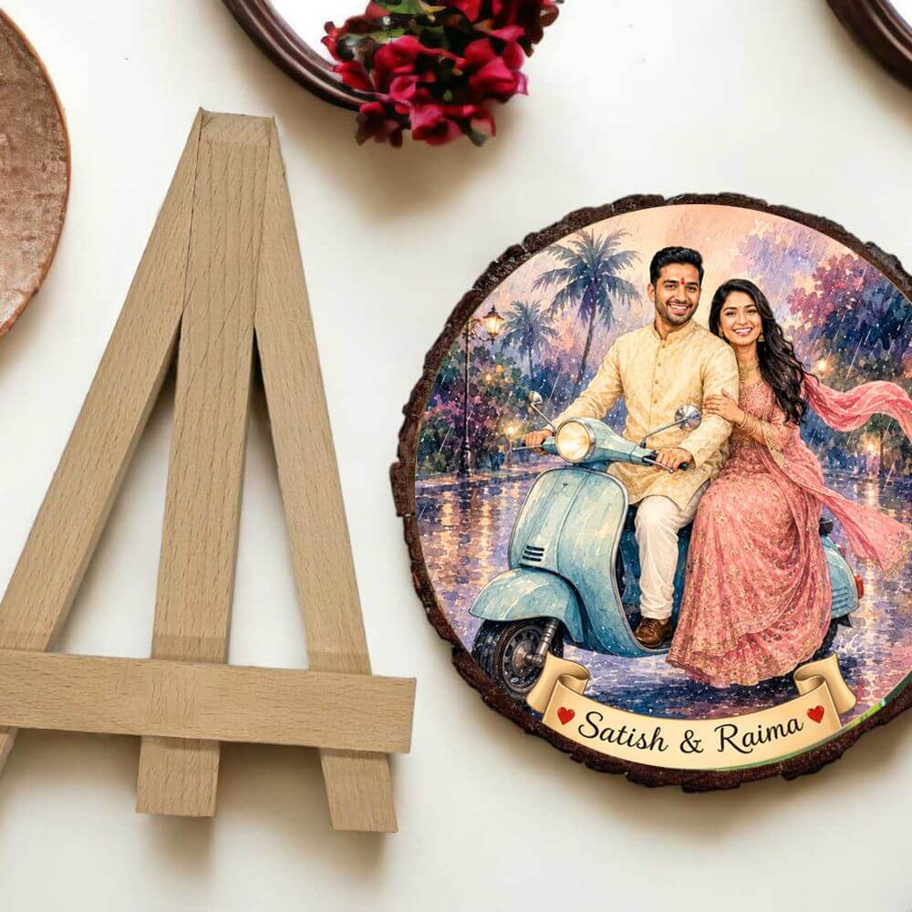 Personalized Couple Caricature Wooden Slice Frame - 4