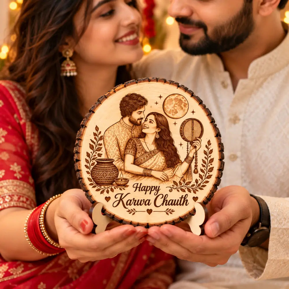 Personalized Karwa Chauth Engraved Wooden Photo Slice |