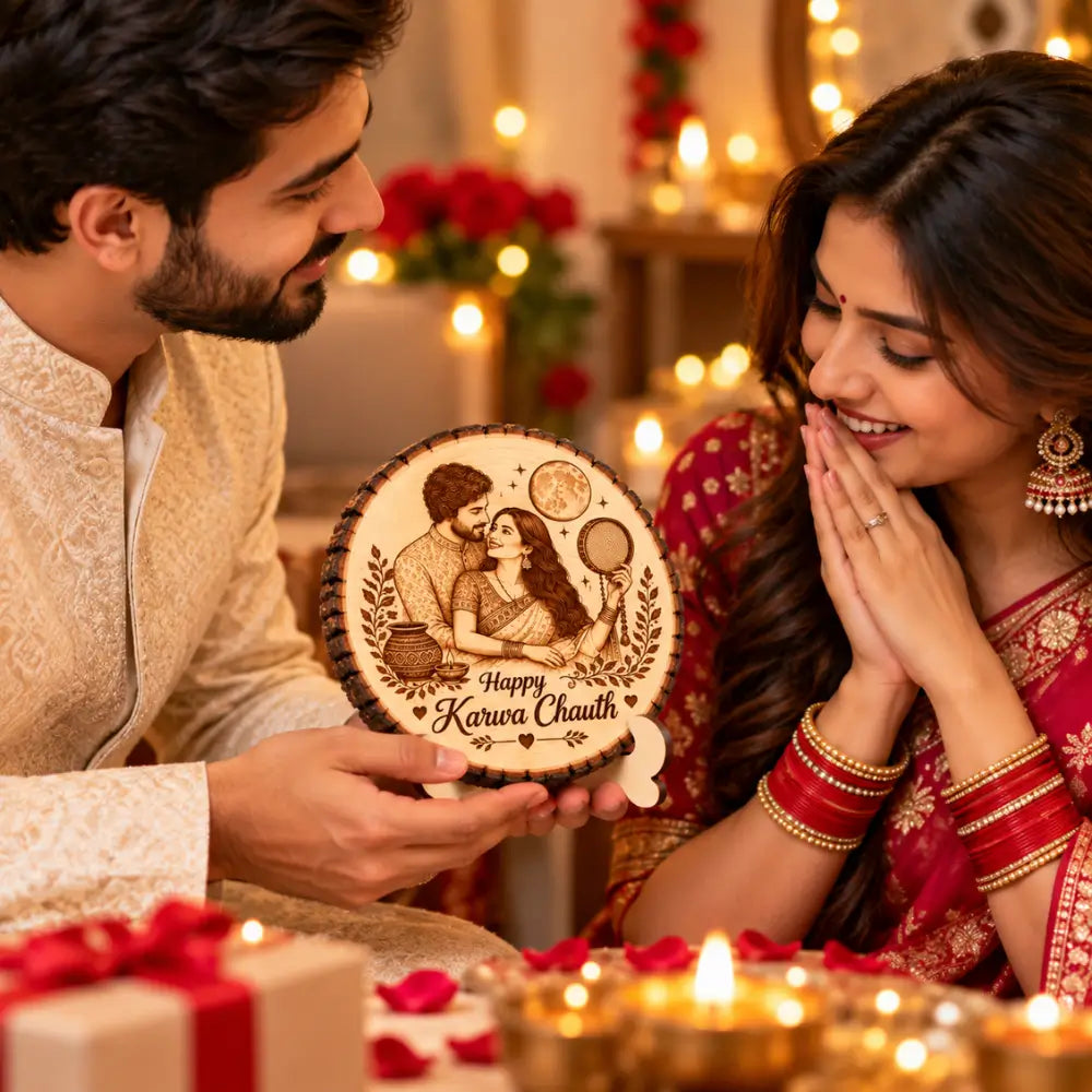 Personalized Karwa Chauth Engraved Wooden Photo Slice |