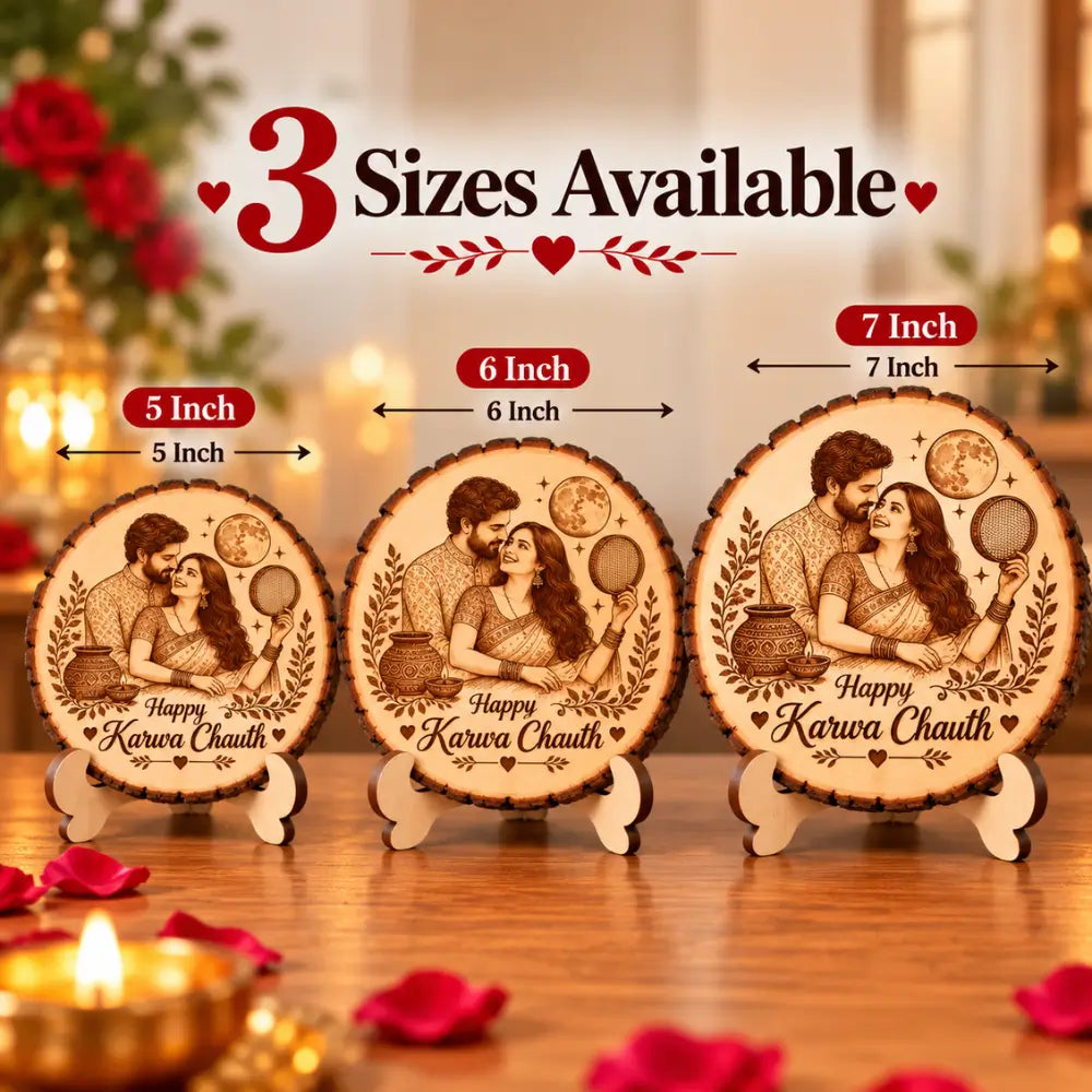 Personalized Karwa Chauth Engraved Wooden Photo Slice |