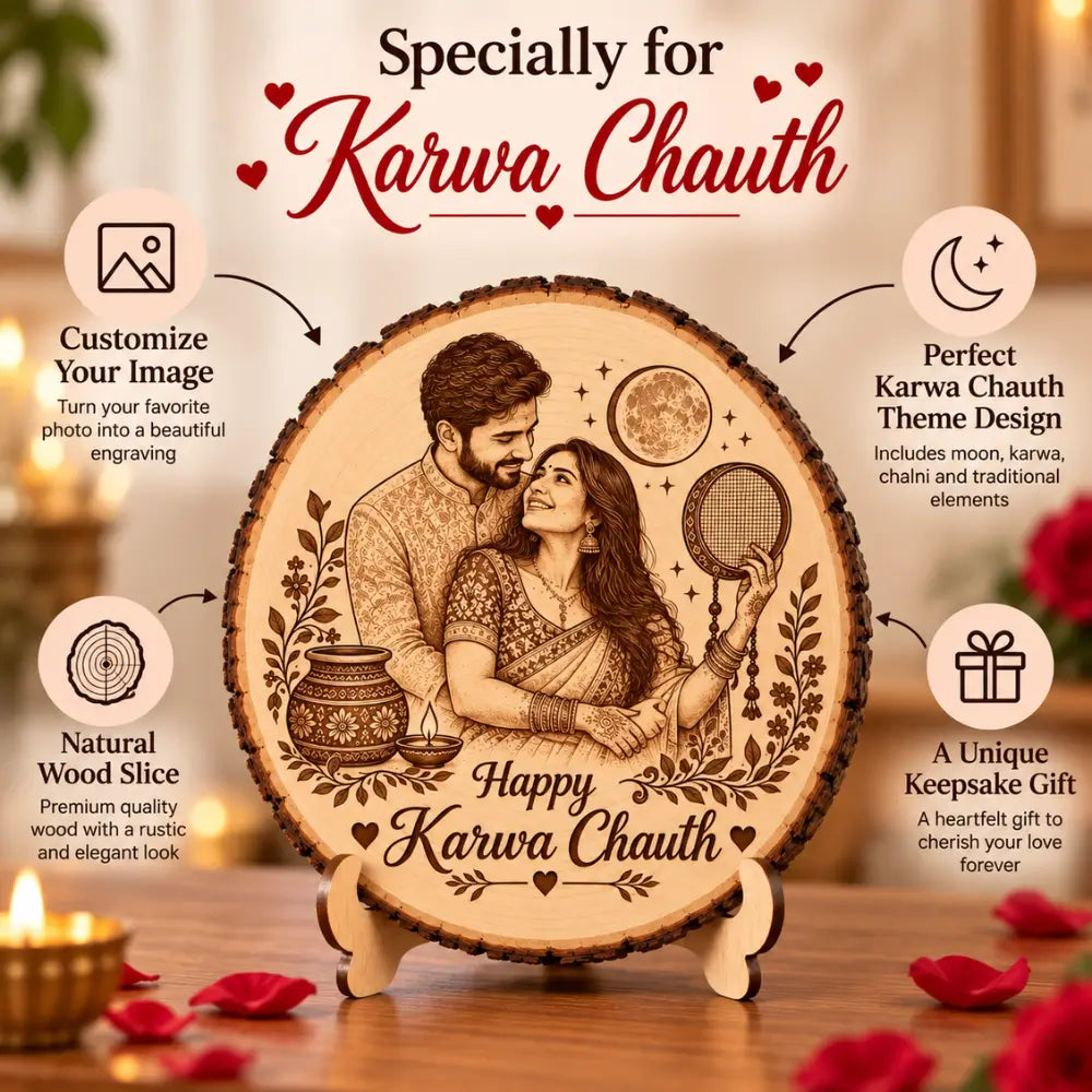 Personalized Karwa Chauth Engraved Wooden Photo Slice |