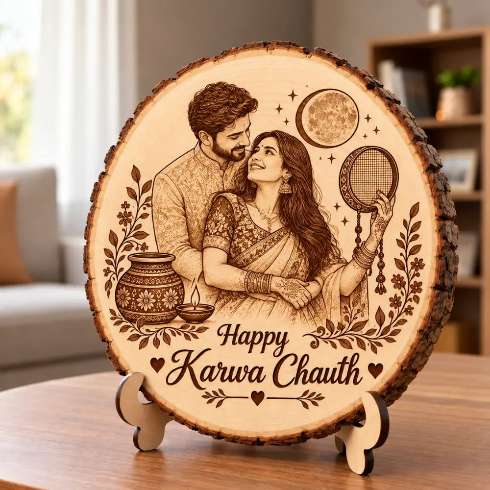 Personalized Karwa Chauth Engraved Wooden Photo Slice |