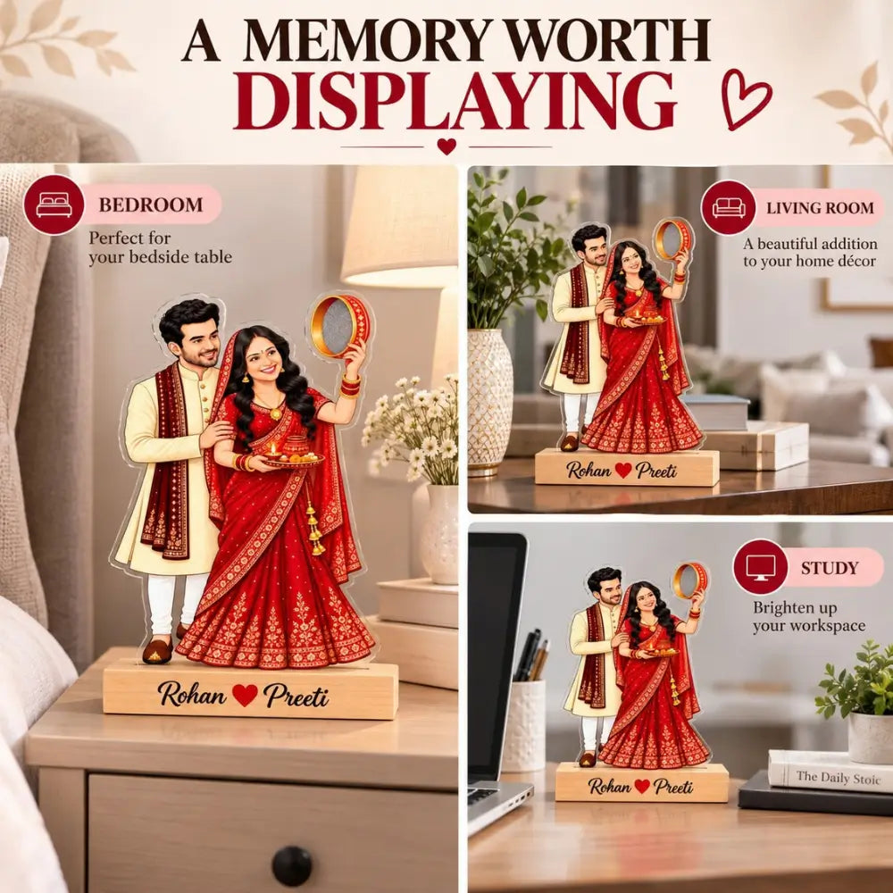 Custom Husband Wife Acrylic Caricature on Wooden Base |