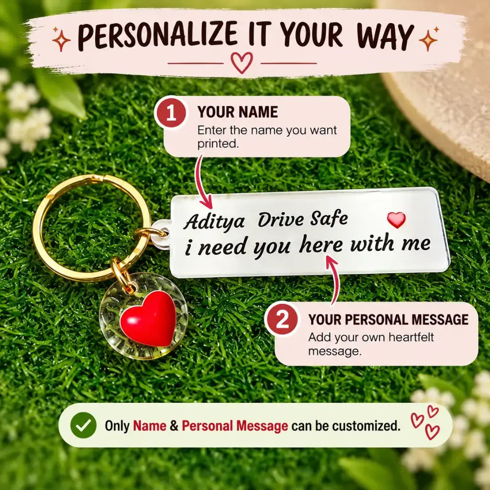 Personalized "Drive Safe" Keychain with Name & Heart Charm