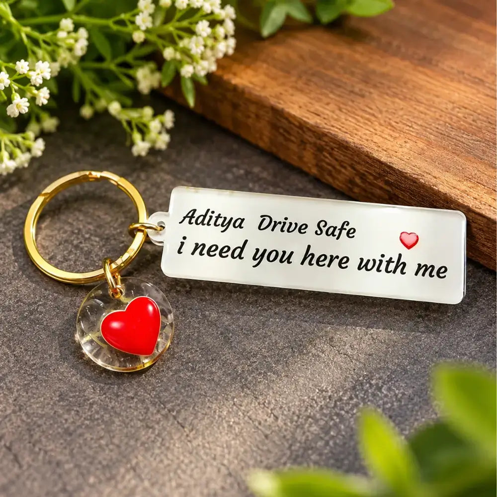 Personalized "Drive Safe" Keychain with Name & Heart Charm