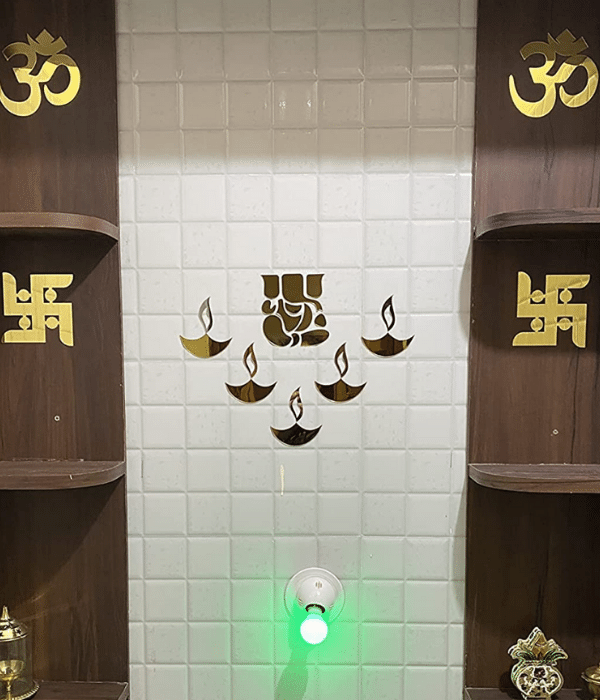 Diwali Ganesha OM Swastik Diyas Designs 3D Acrylic Decorative Golden Mirror Wall Stickers - 3