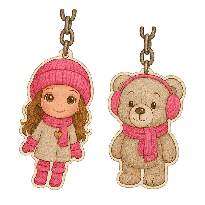 Cute Girl and Teddy Acrylic Keychain Set - 3
