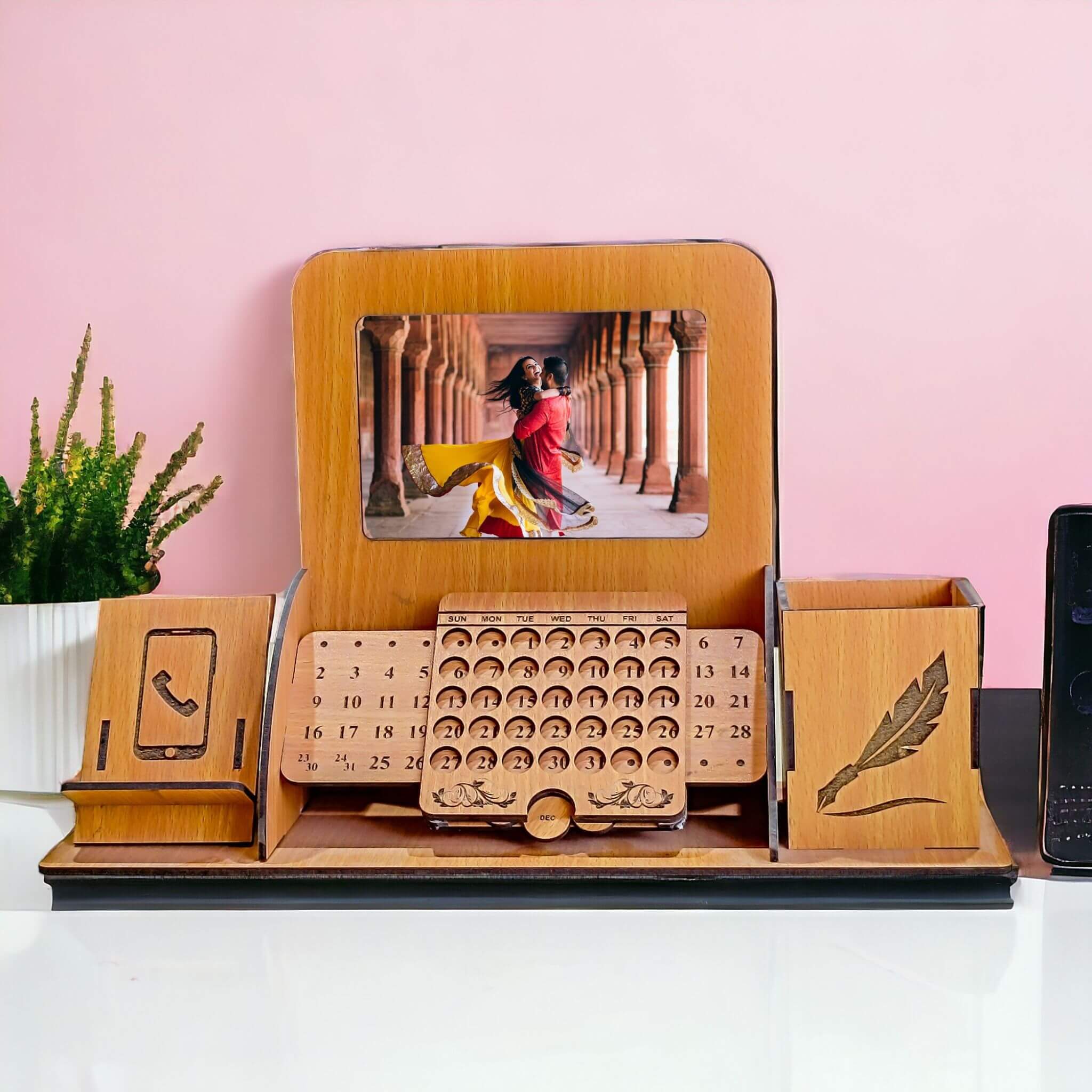Corporate Wooden Desk Organizer with Calendar, Photo Frame & Mobile Stand - 3