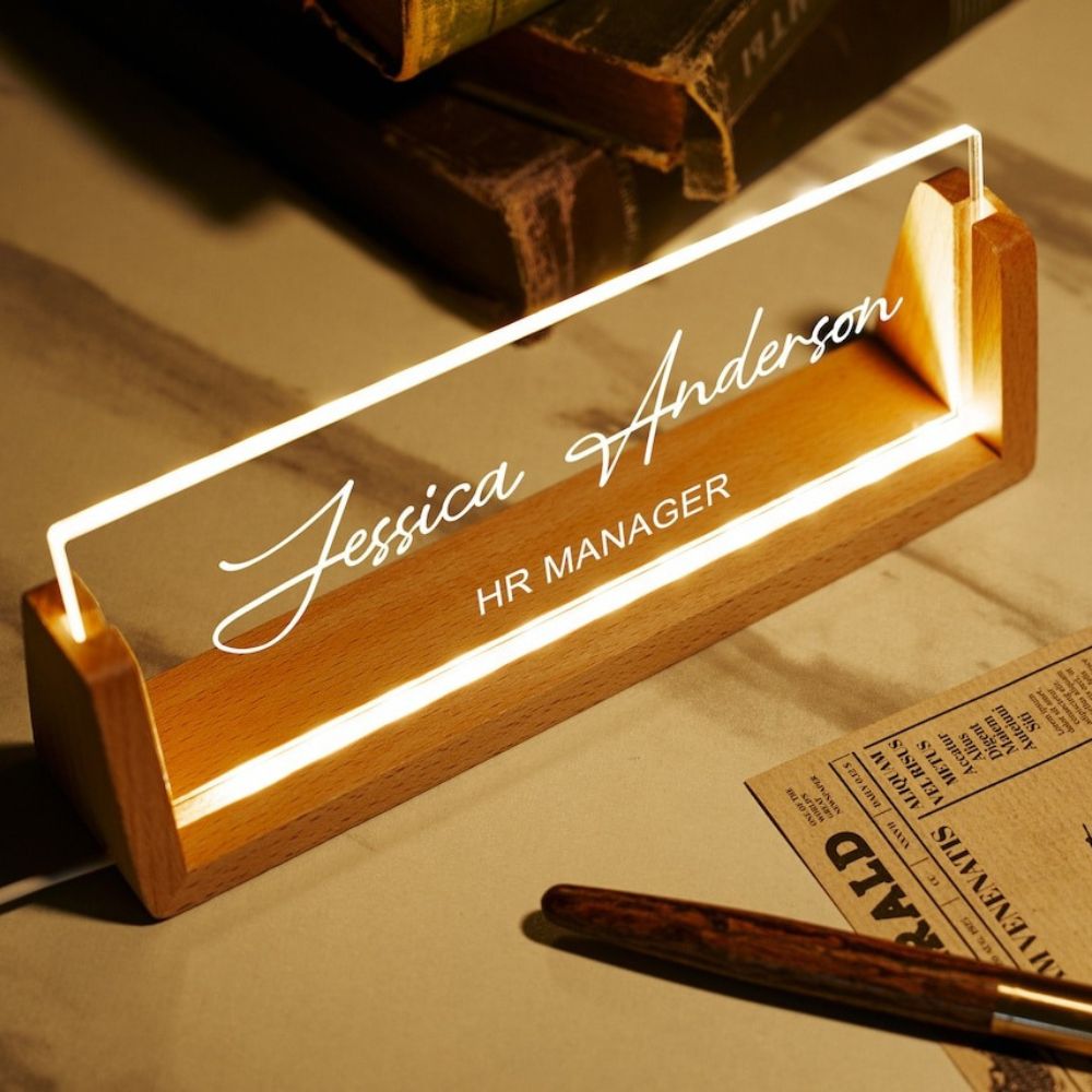 Personalized LED Desk Name Plate with Wooden Base - 4