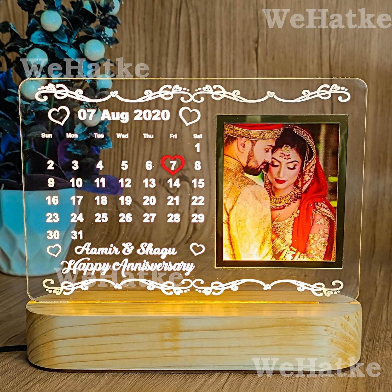Customized 3D Illusion Calender Lamp With Wooden Base - 4