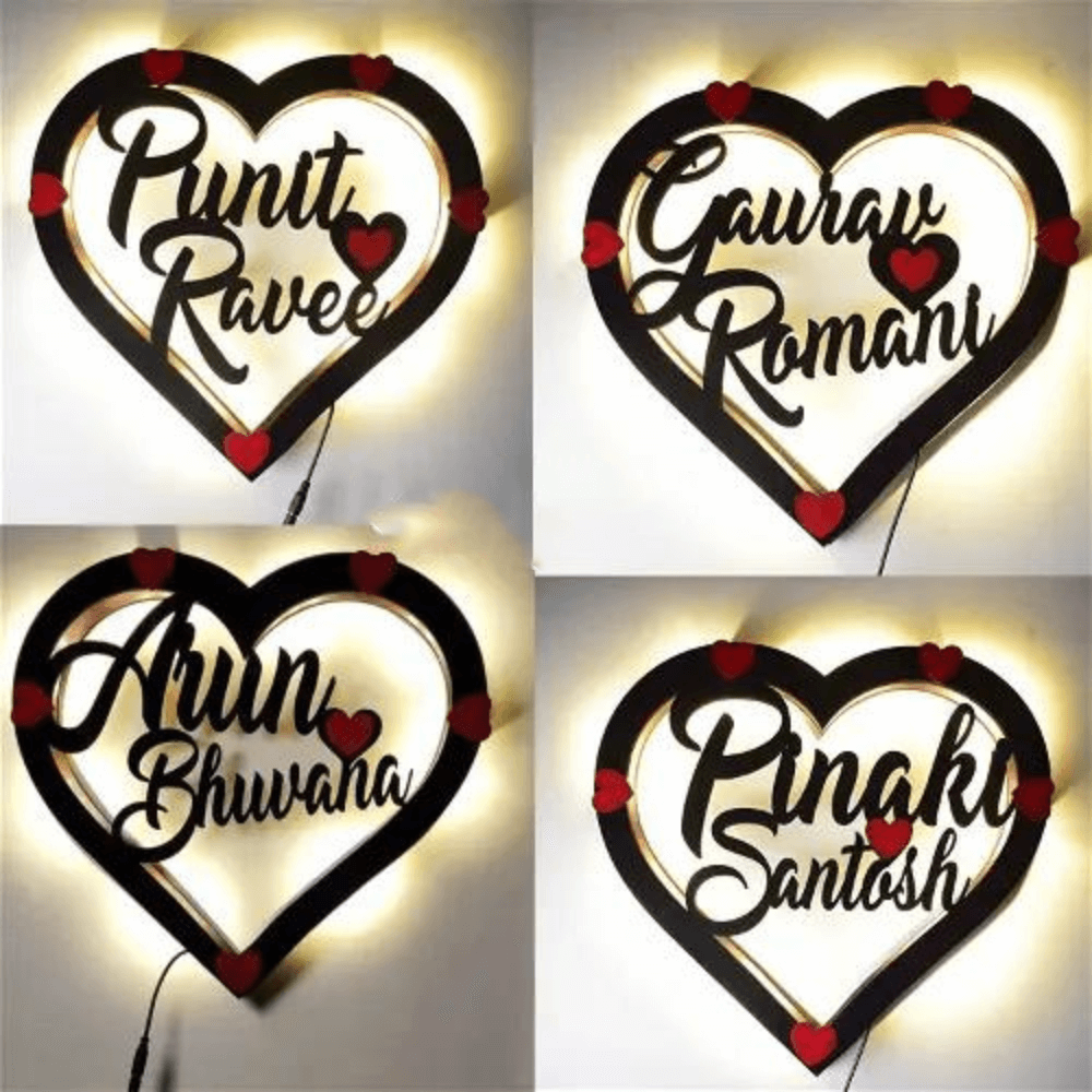 Customized Couple Heart Name Wall Hanging With Led Light - 4