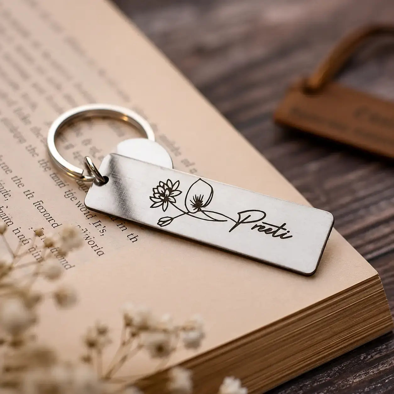 Personalized Name & Flower Engraved Metal Keychains