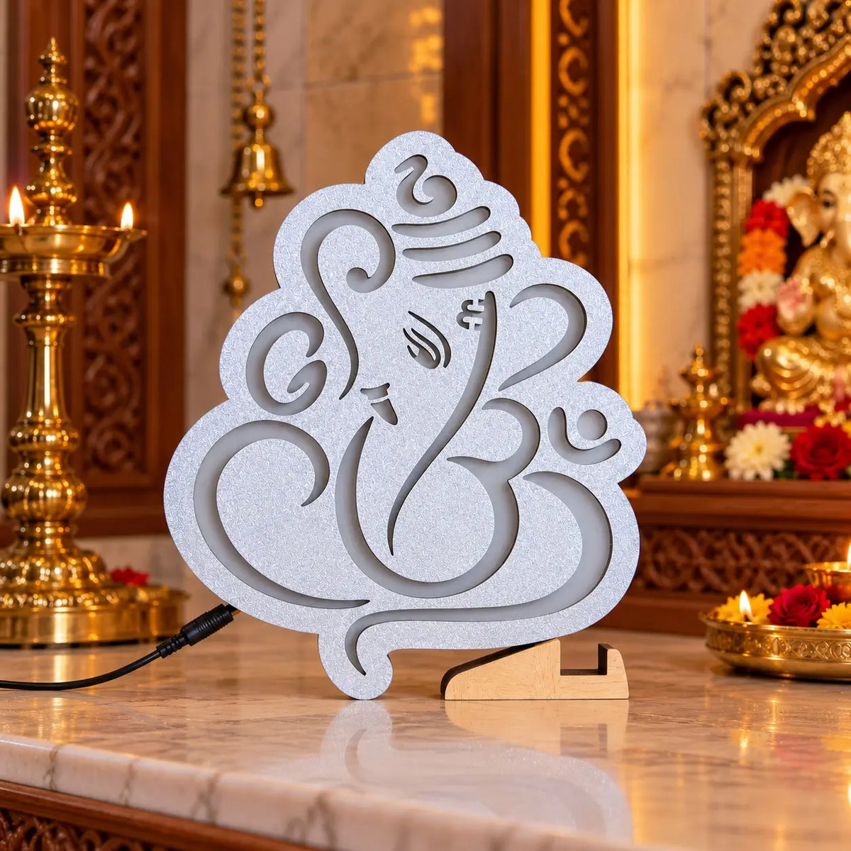 Wooden Lord Ganesha Shaped Silver Wall Decoration Led Light .