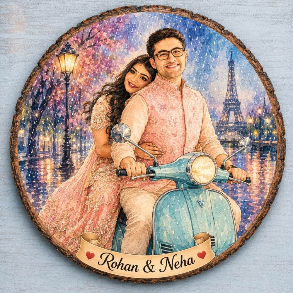 Personalized Couple Caricature Wooden Slice Frame - 2