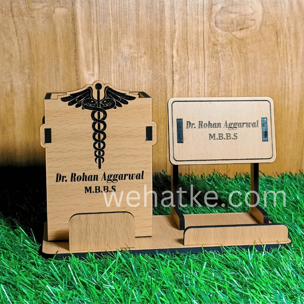 Corporate Wooden Desk Set for Doctors – Pen Stand, Phone & Card Holder - 4