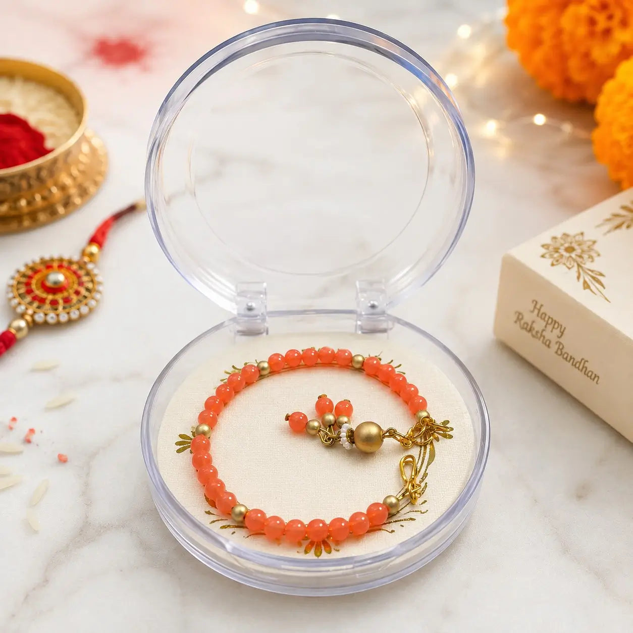 Designer Pearl & Bead Rakhi with Golden Charms |