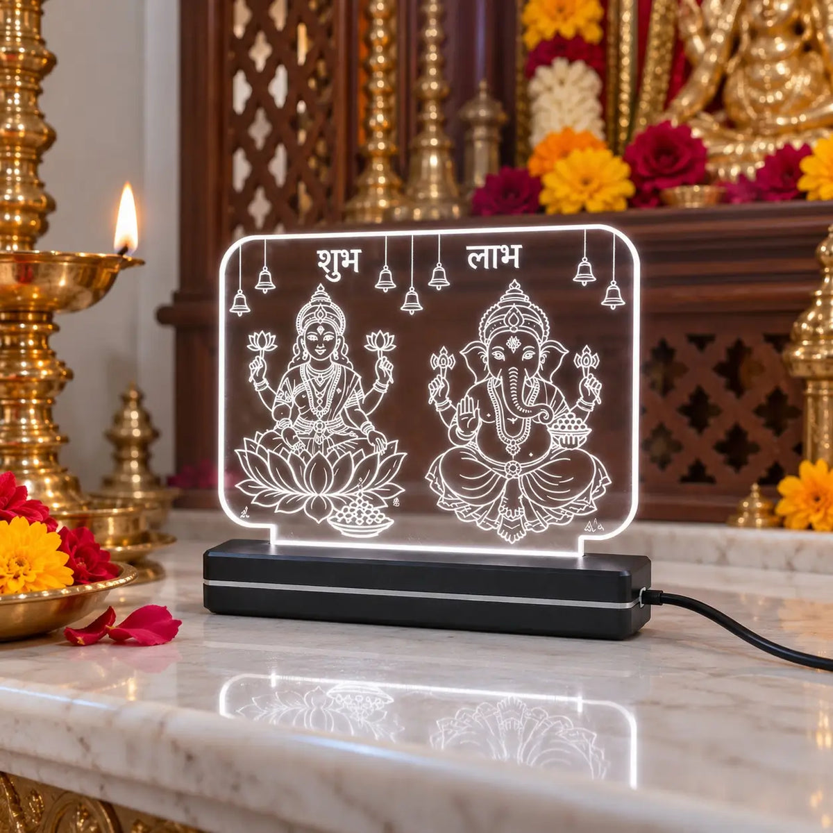 Lakshmi Ganesh LED Acrylic Lamp with Shubh Labh |