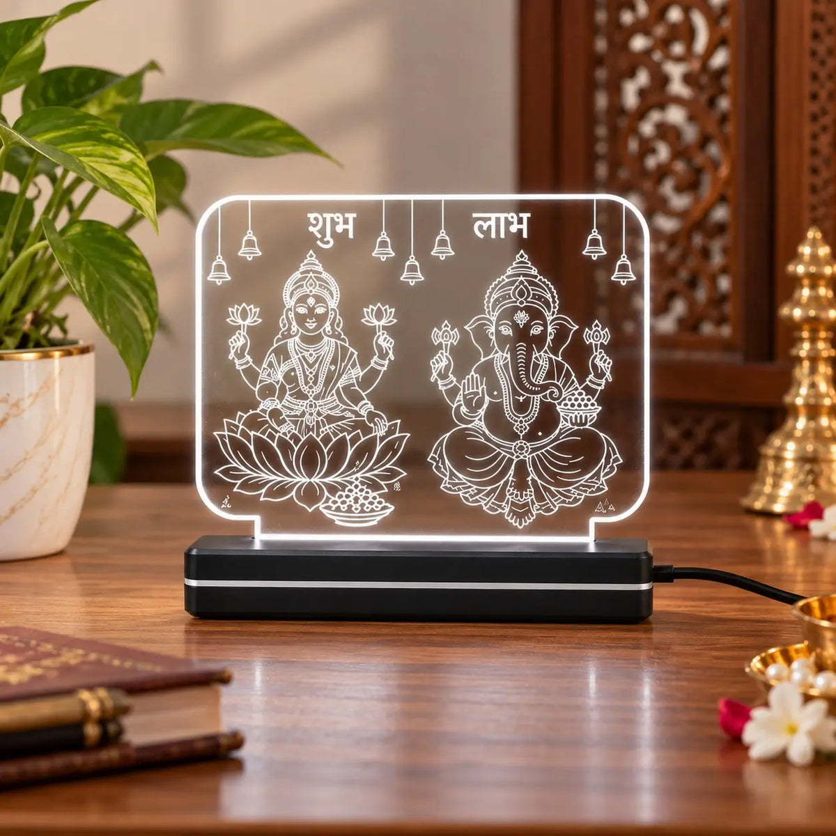 Lakshmi Ganesh LED Acrylic Lamp with Shubh Labh |