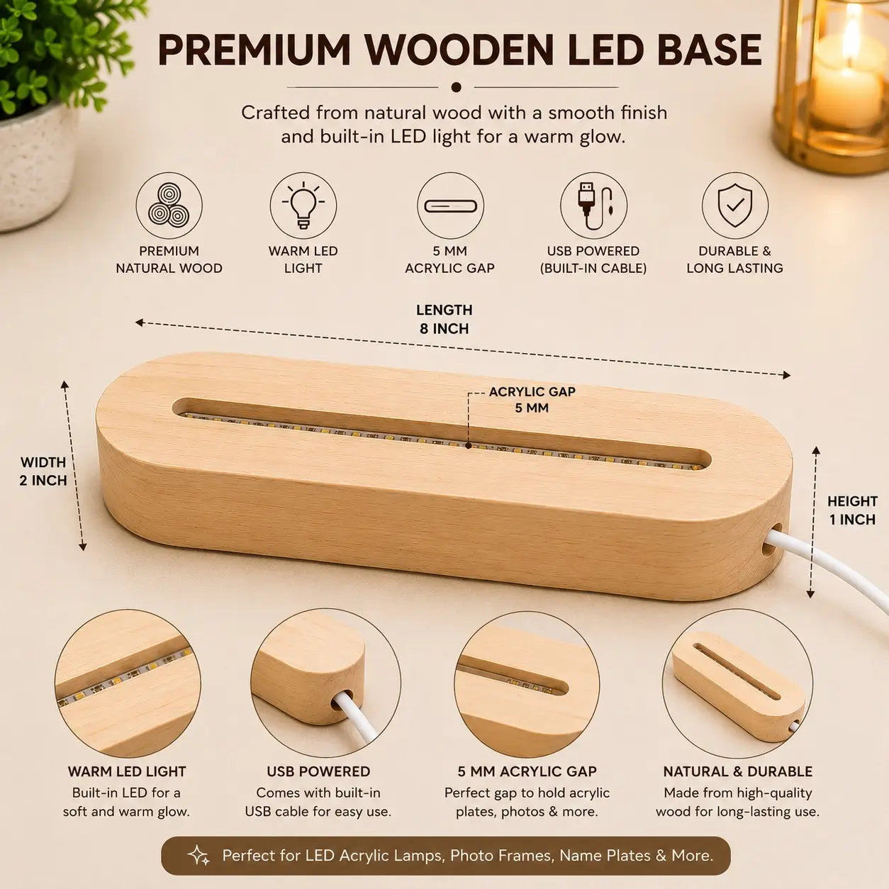 USB Powered Wooden LED Base