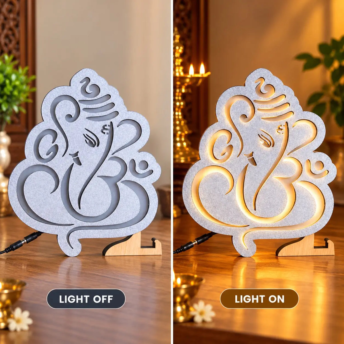 Wooden Lord Ganesha Shaped Silver Wall Decoration Led Light .