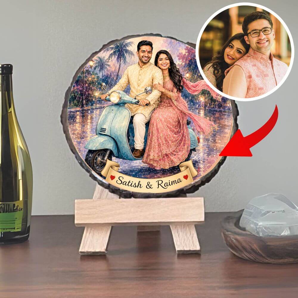 Personalized Couple Caricature Wooden Slice Frame - 5