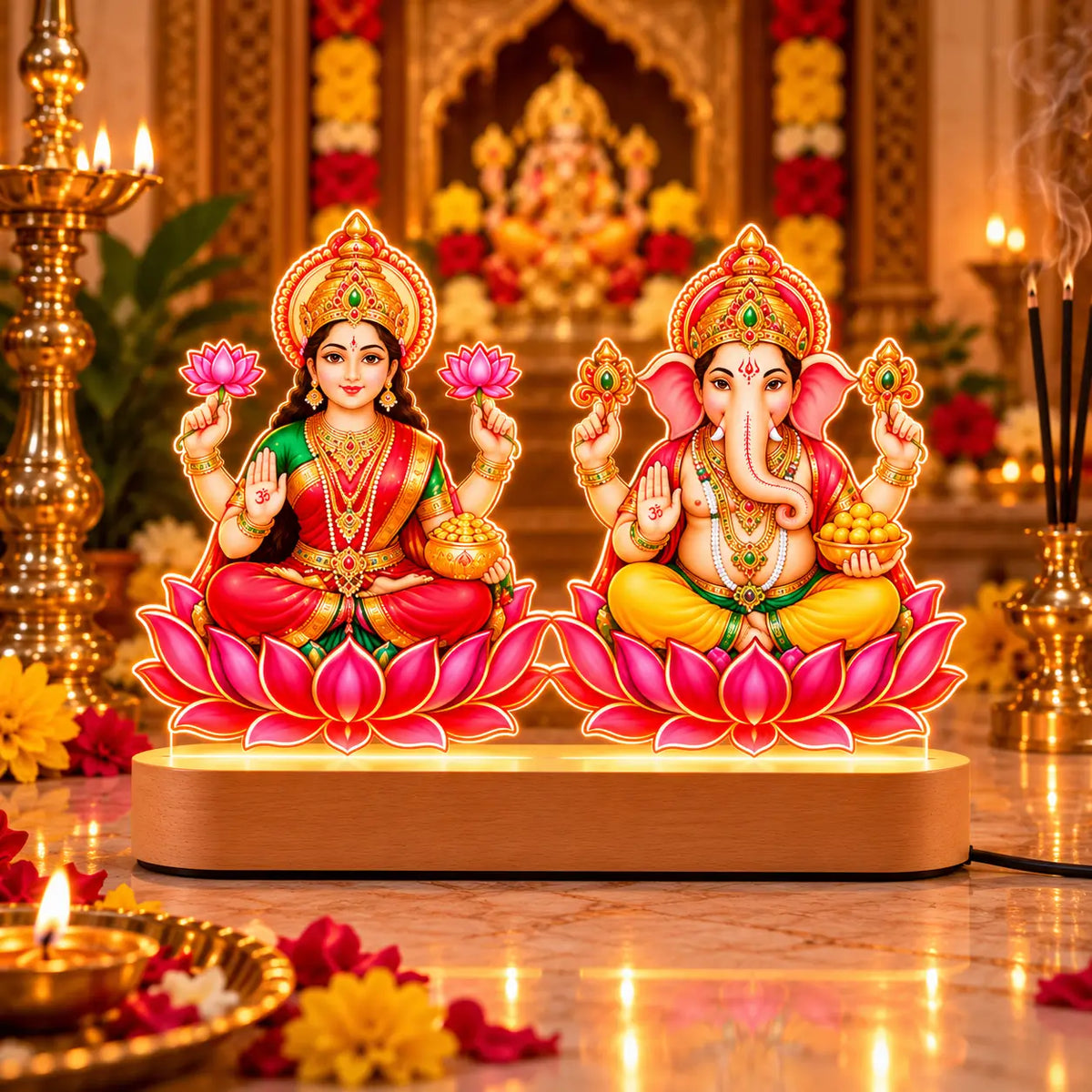 Lakshmi Ganesh LED Table Lamp with Colorful Lotus Artwork |