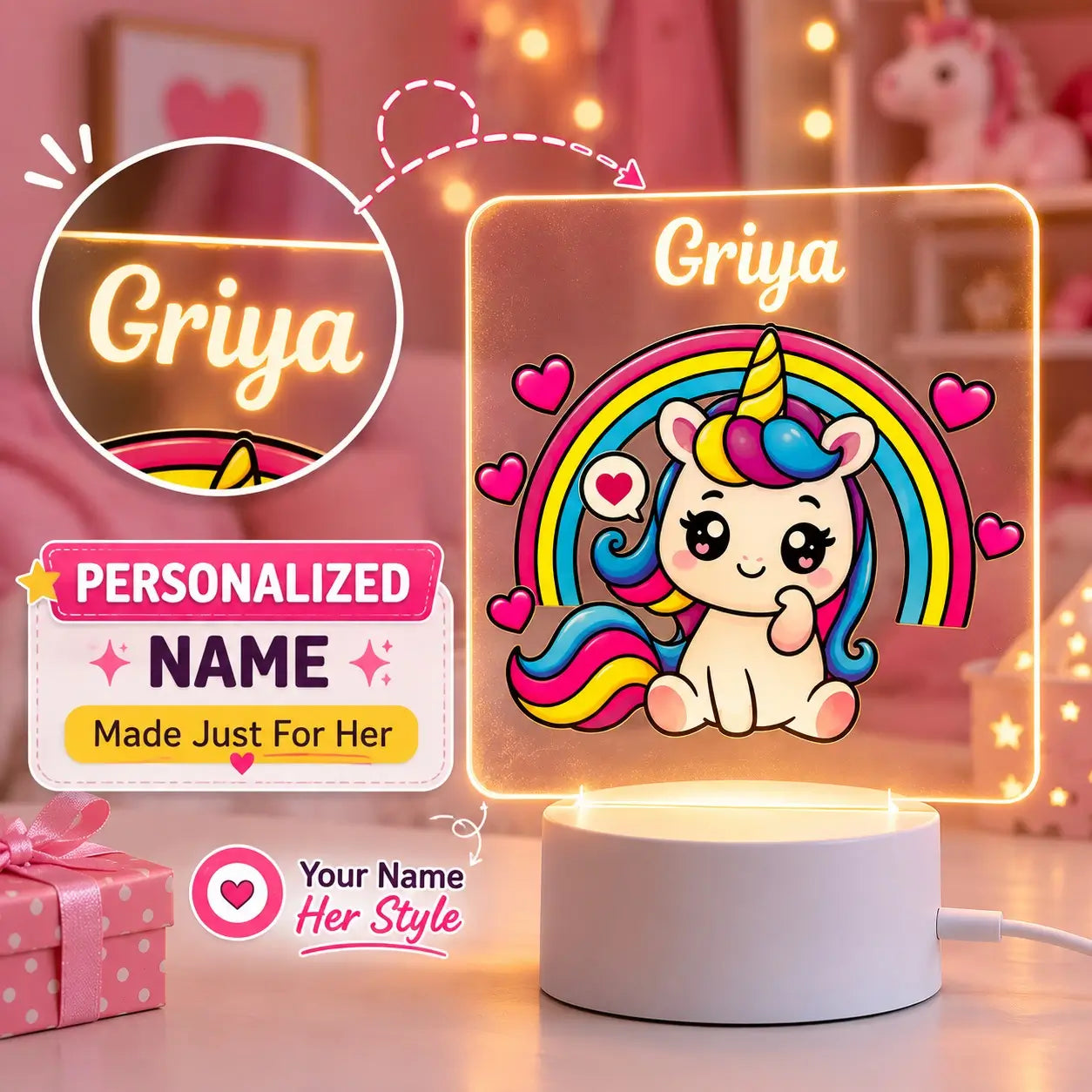 Cute Unicorn Acrylic Lamp with Name |