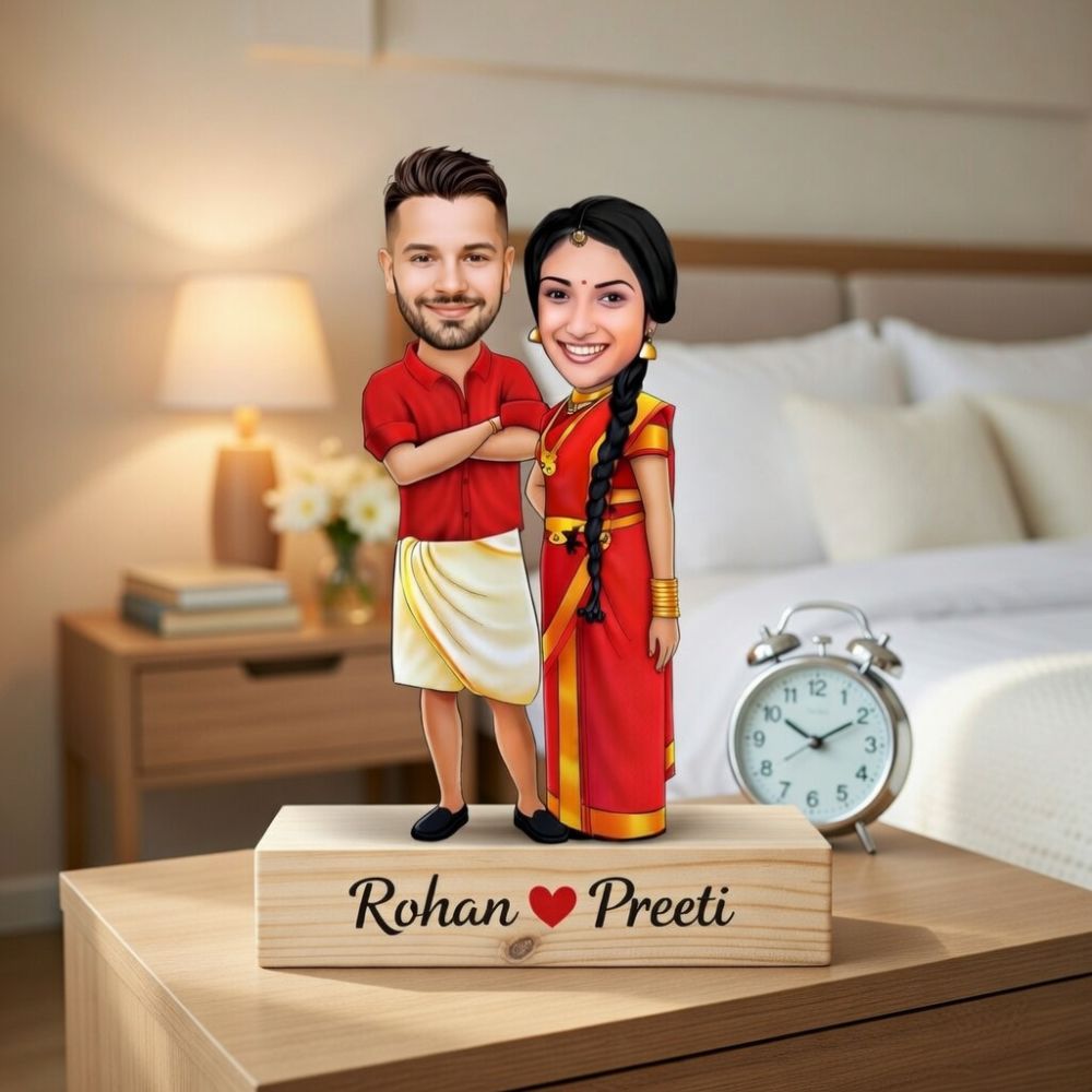 Customized south Indian traditionally dhoti sari style couple caricature - 3