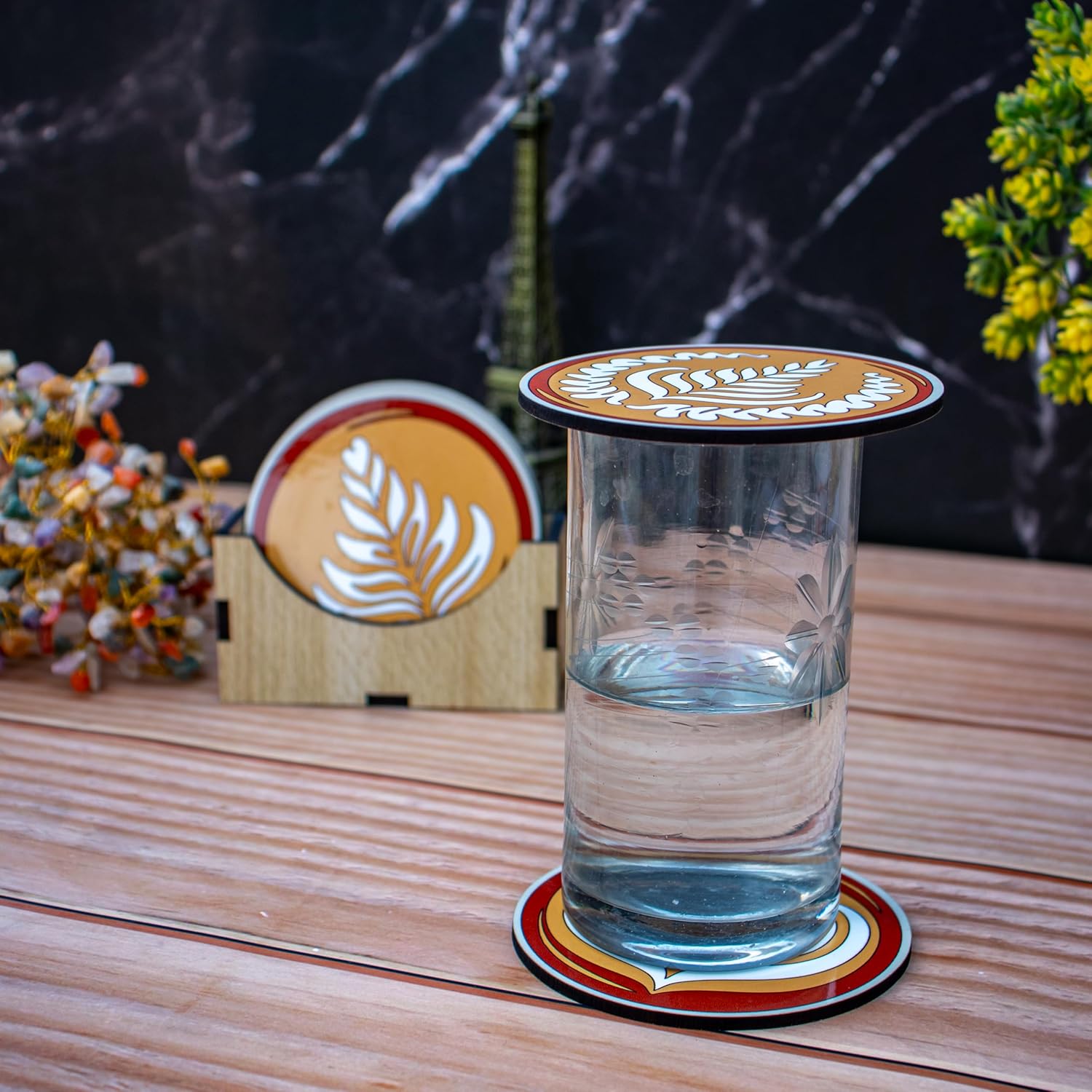 Wooden Coaster Set with Coffee Art Design - 4