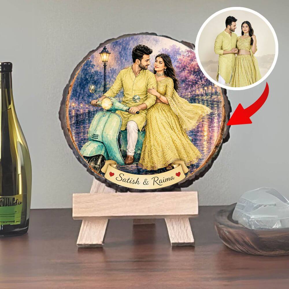 Personalized Couple Caricature Wooden Slice Frame - 8
