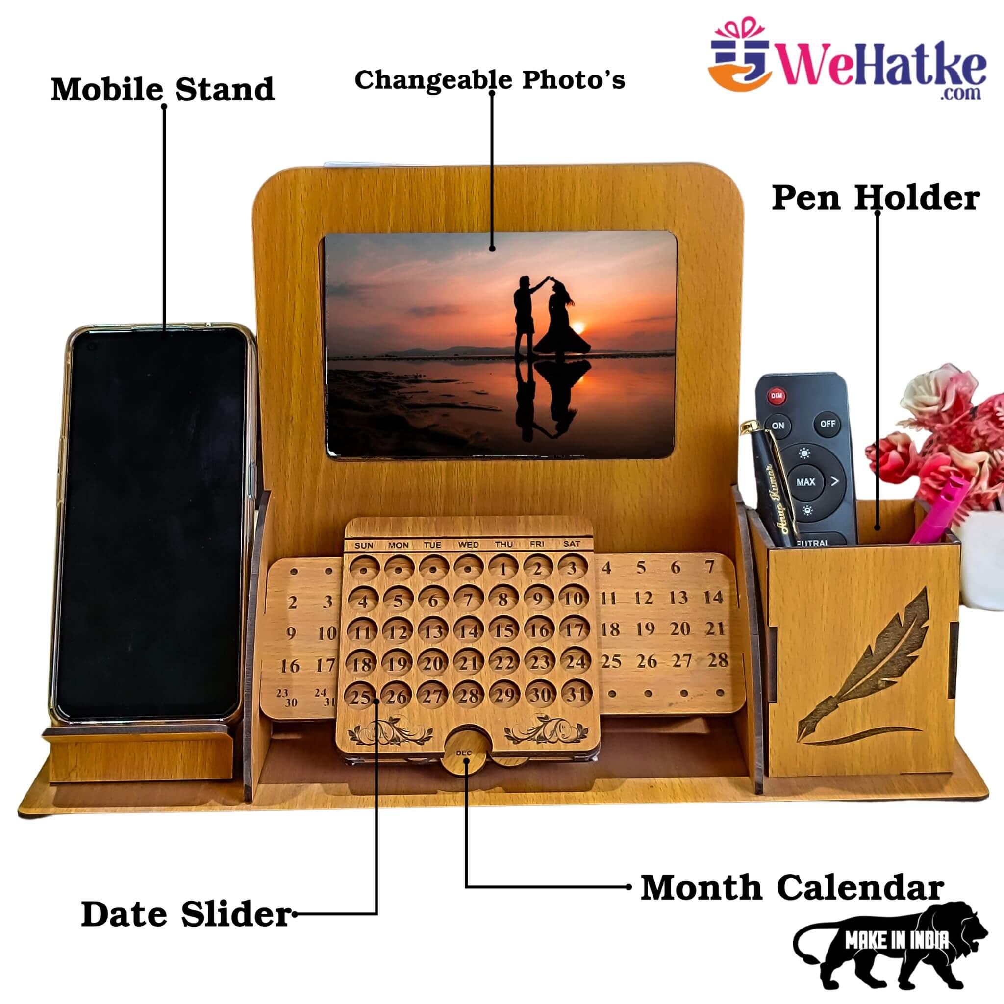 Corporate Wooden Desk Organizer with Calendar, Photo Frame & Mobile Stand - 2