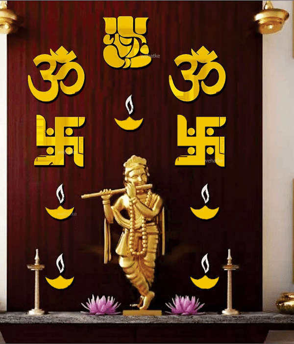 Diwali Ganesha OM Swastik Diyas Designs 3D Acrylic Decorative Golden Mirror Wall Stickers - 2