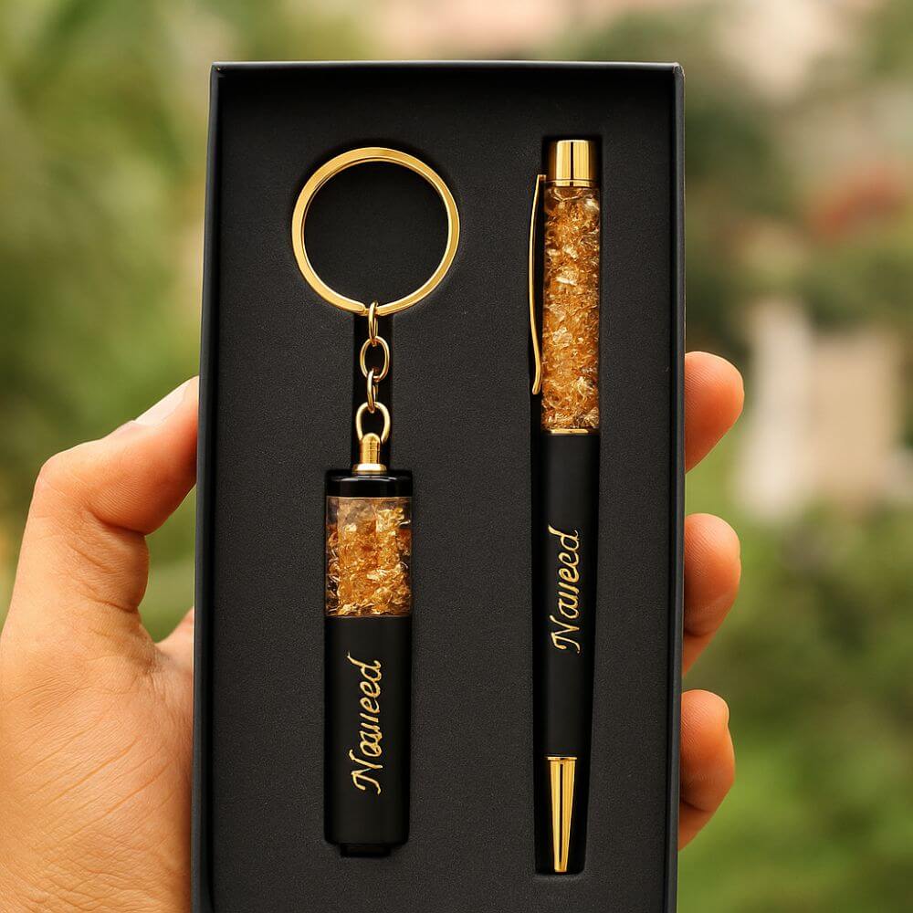 Customized, Metal Rakhi Gift Set for Brother with Pen & Keychain - 2