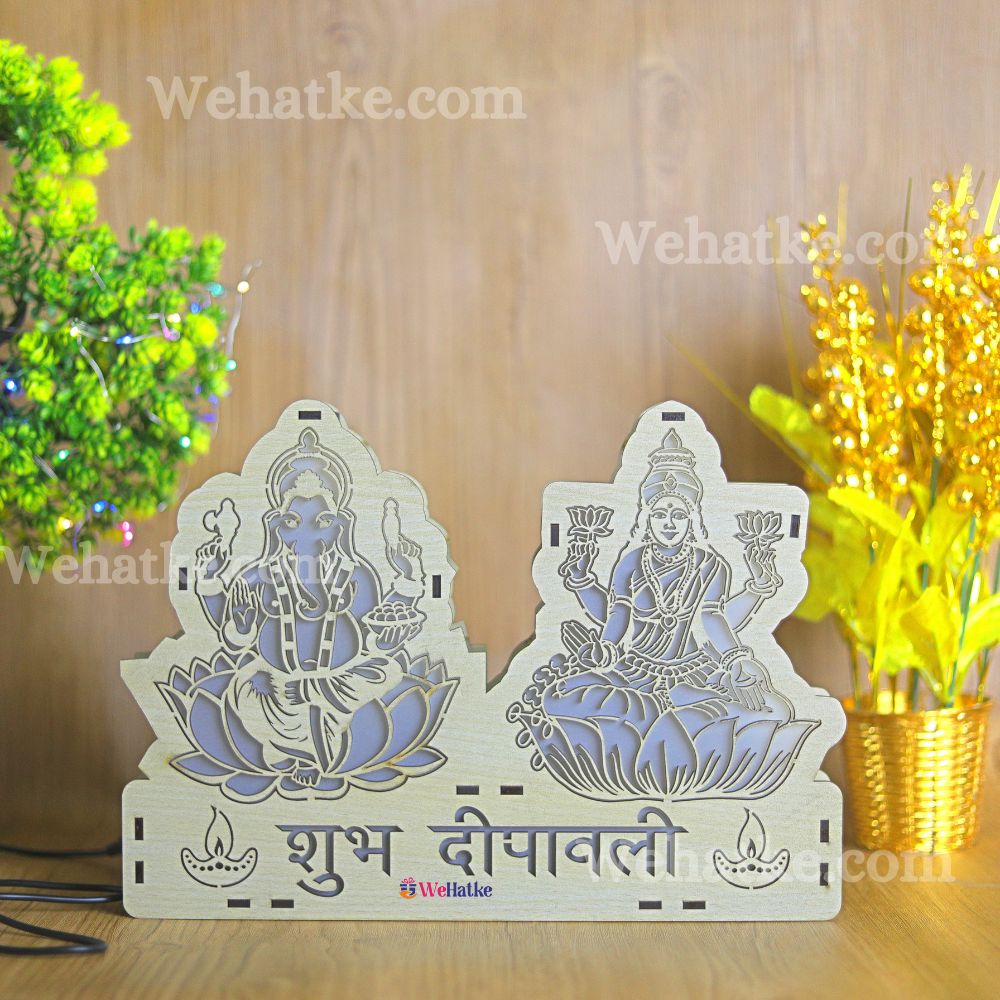 Wooden Subh Diwali Lakshmi Ji & Ganesh Ji Engraved Led Lamp - 2
