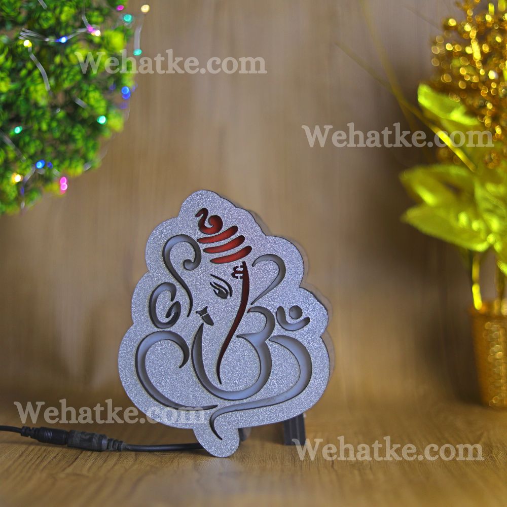 Wooden Lord Ganesha Shaped Silver Wall Decoration Led Light - 2