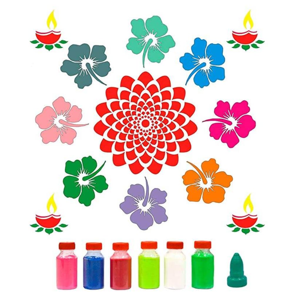 Flower With Diya Rangoli Stencils - 2