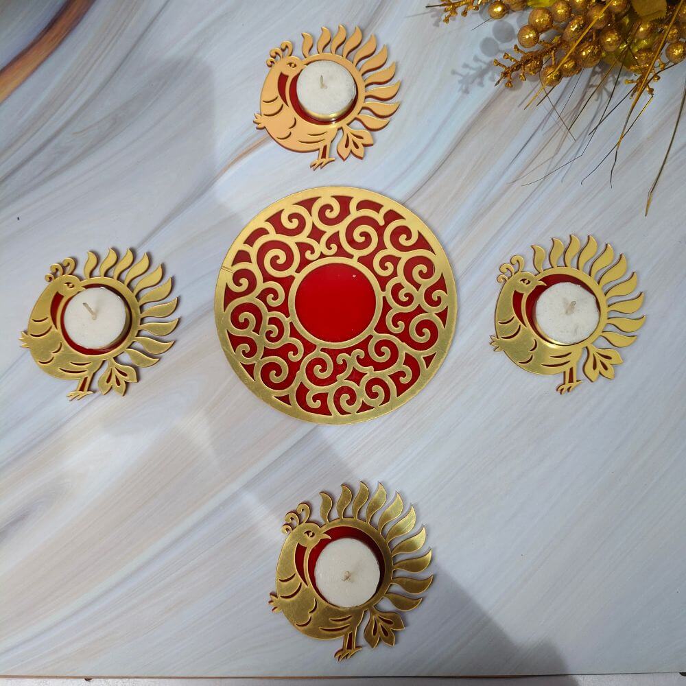 Decorative Wooden Rangoli Light Holder (Set of 5) - 4