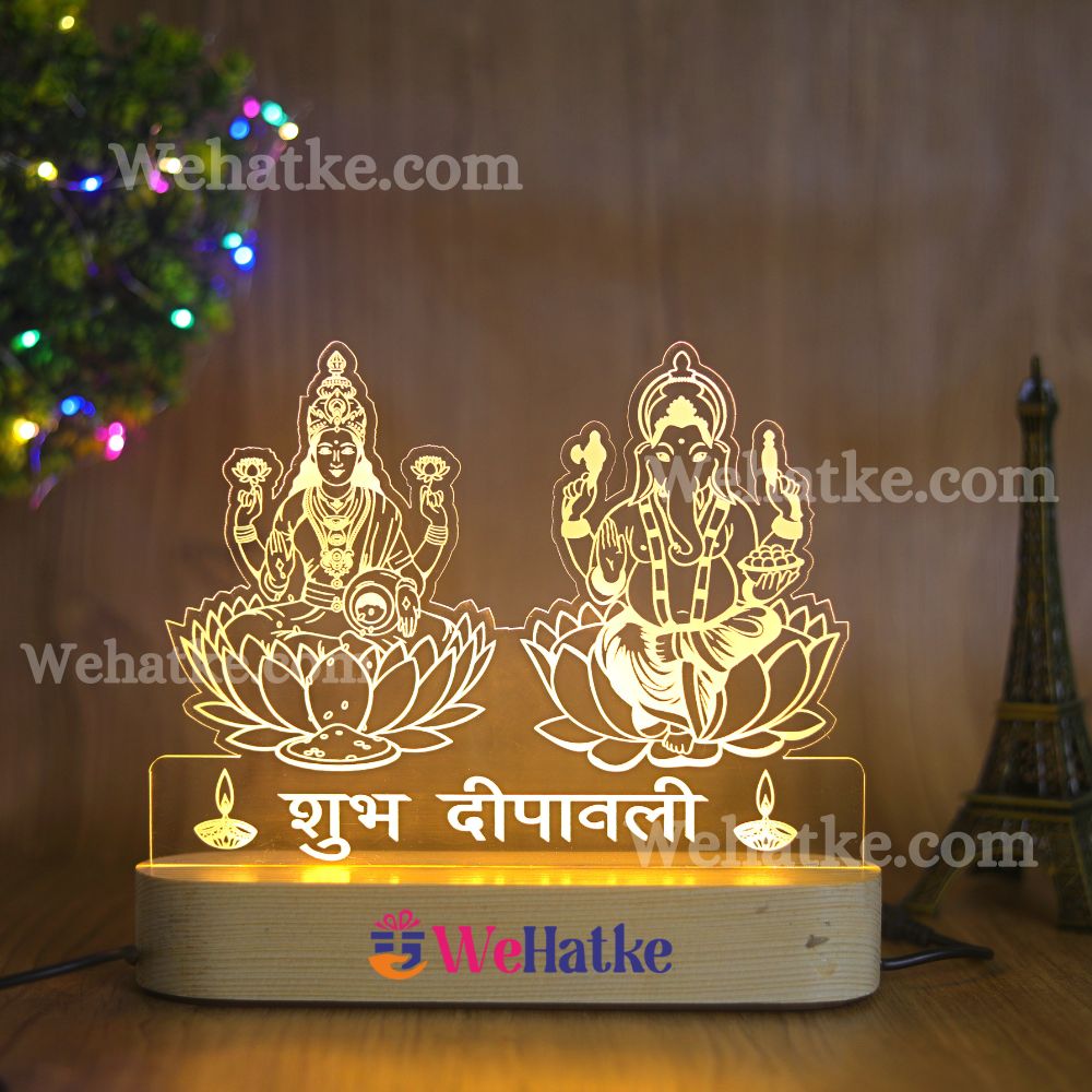 Subh Diwali Lakshmi Ji & Ganesh Ji Acrylic 3d Illusion Led Lamp - 2