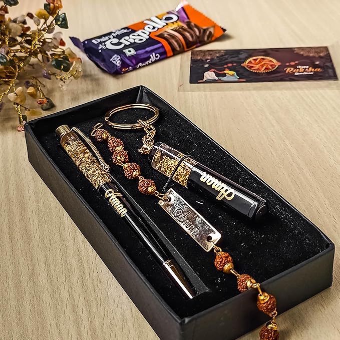 Customized, Metal Rakhi Gift Set for Brother with Pen & Keychain