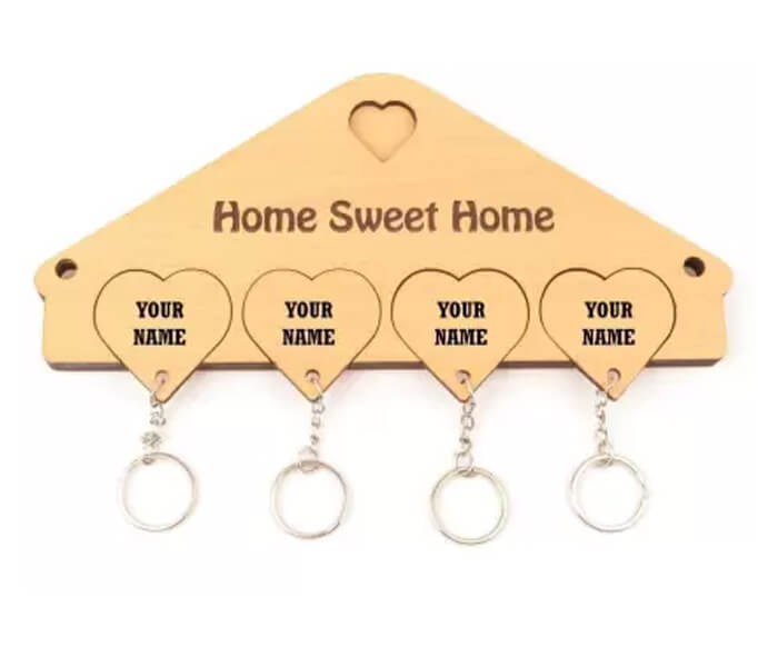 Personalized Heart Shape Key Holder Wood Key Holder  (4 Hooks, Brown)