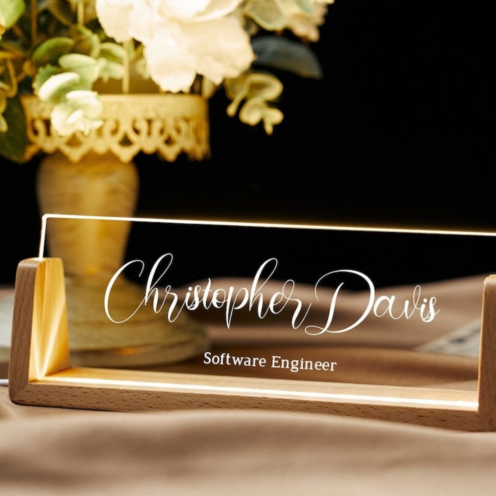 Personalized LED Desk Name Plate with Wooden Base