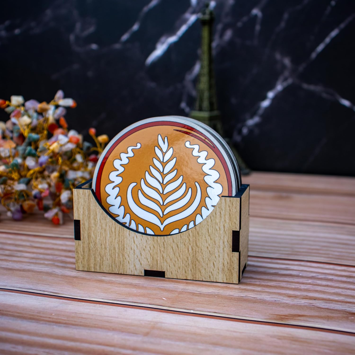 Wooden Coaster Set with Coffee Art Design