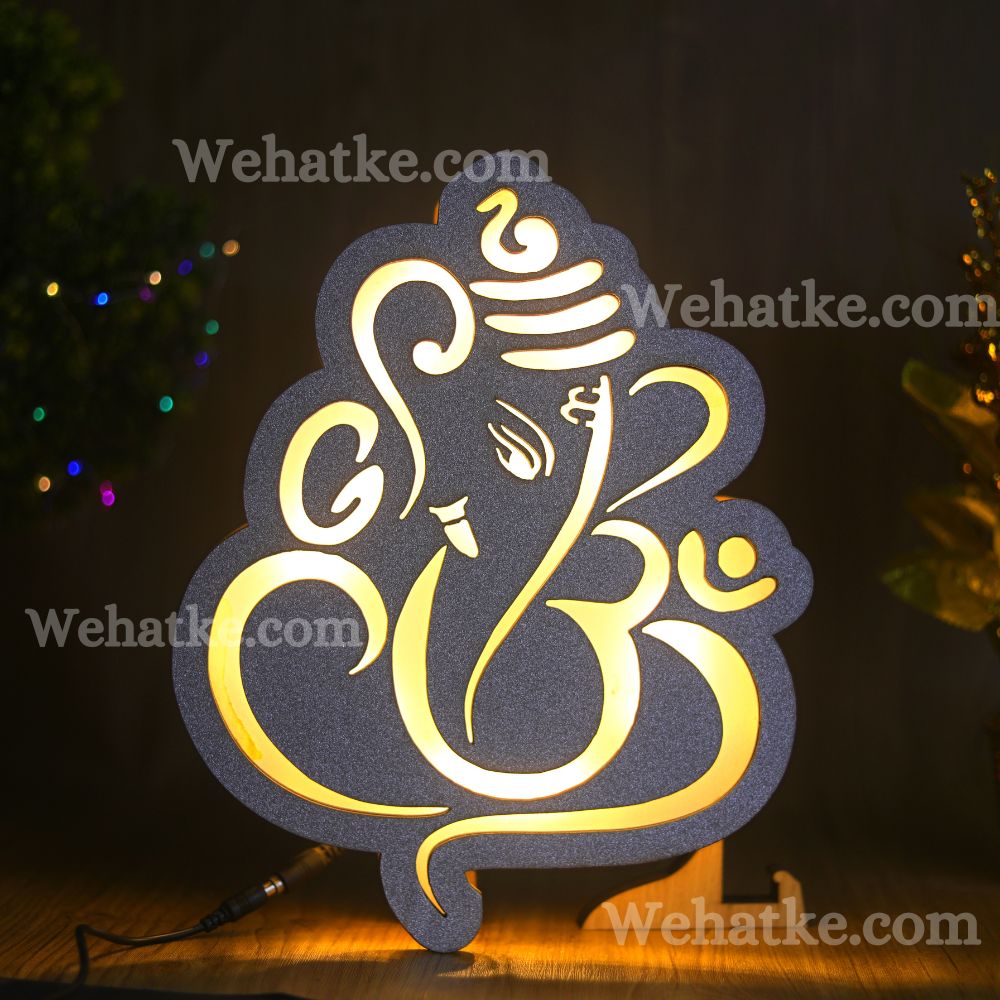Wooden Lord Ganesha Shaped Silver Wall Decoration Led Light