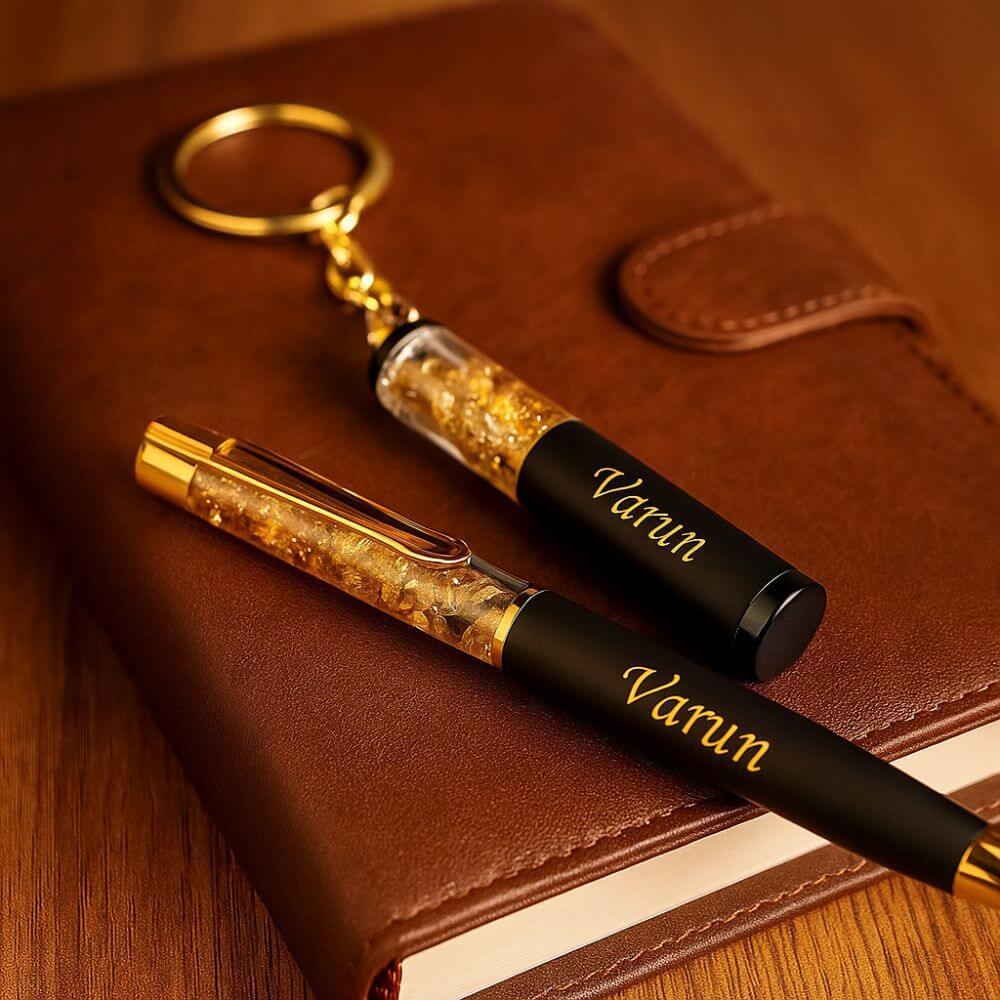 Customized, Metal Rakhi Gift Set for Brother with Pen & Keychain