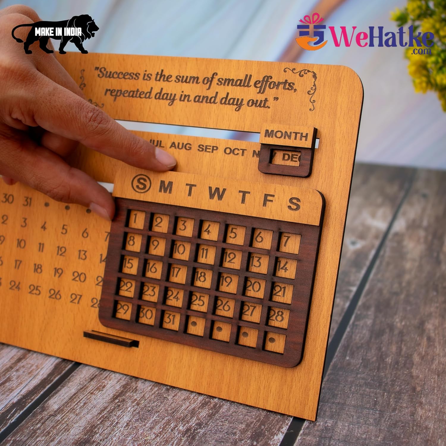 Wooden Perpetual Desk Calendar With Clock