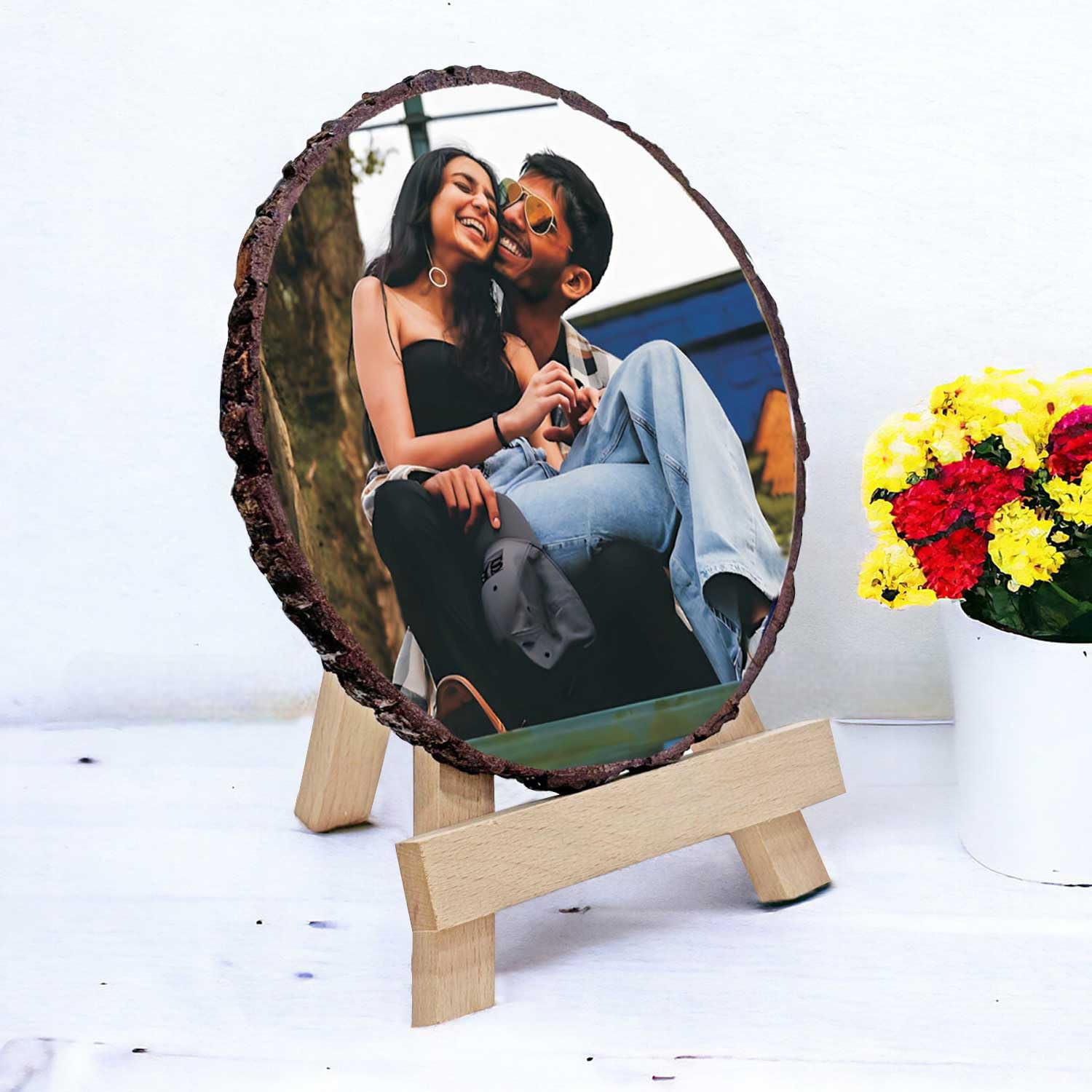 Natural Wooden Slice Couple Photo Frame